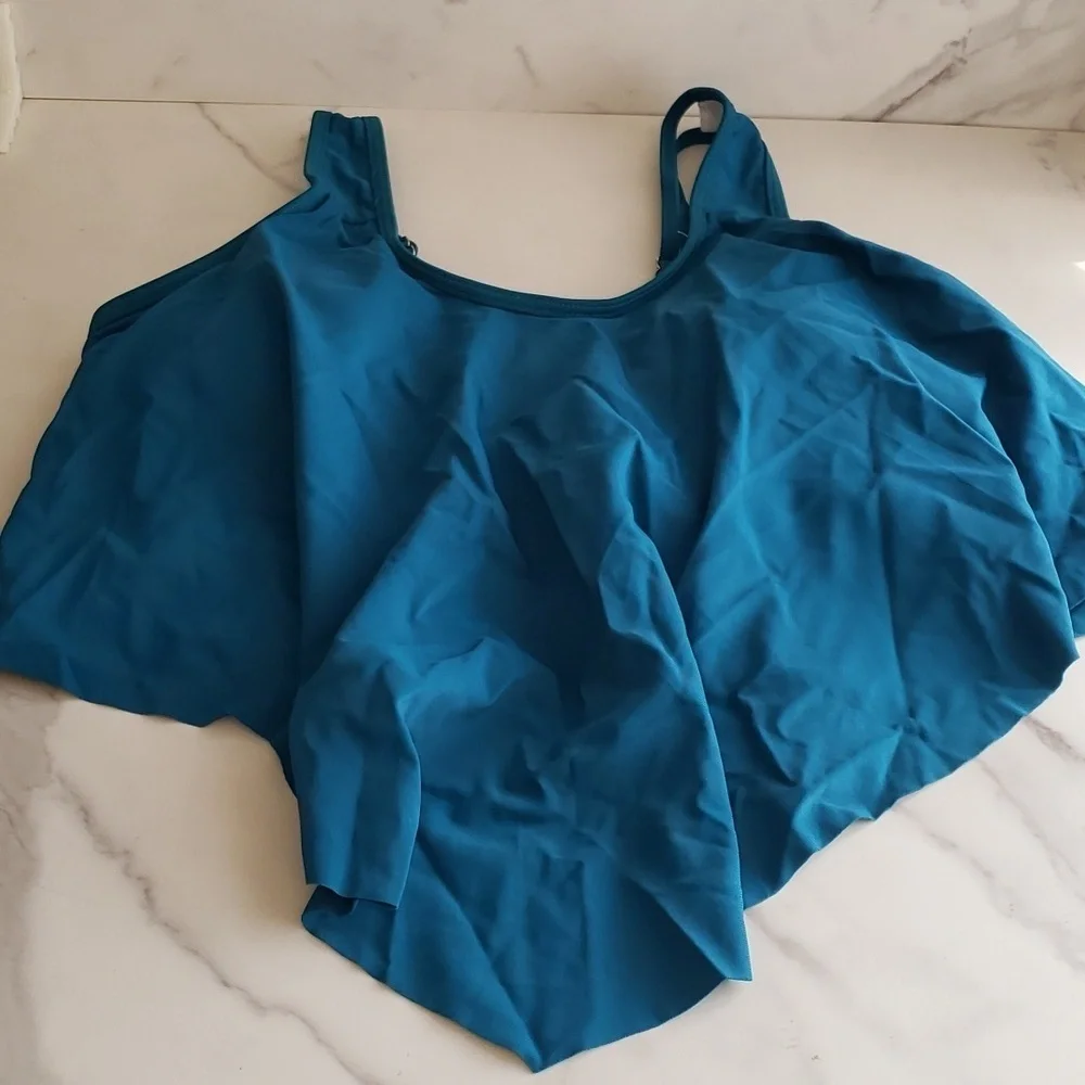 SouqFone Ruffled Flounce Top High Waisted Bikini Set in Blue Green Leaf Size L
